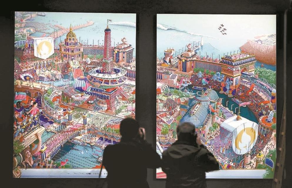 巴黎奧運會主視覺海報由藝術家烏戈·加托尼耗時2000小時手繪完成，繪有巴黎地標、47個運動項目和數以萬計的人物，被譽為法國的“塞納上河圖”（本版圖片均由作者提供）