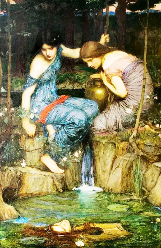 英國畫家沃特豪斯的《發現俄耳甫斯頭顱的仙女們》，圖片來源：Bing