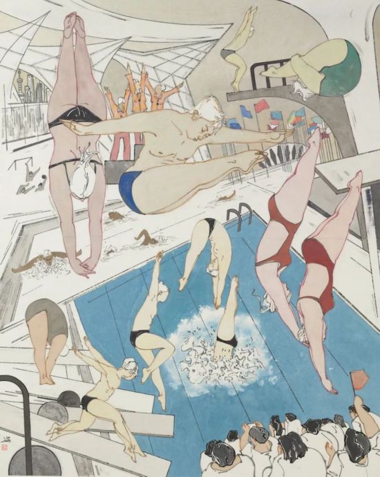 白瓔《第十四屆國際泳聯世界錦標賽在上海舉行》194×154cm&nbsp;中國畫2021年 中華藝術宮（上海美術館）藏